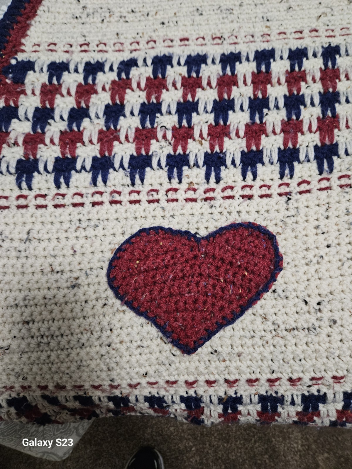 Afghan Handmade Crocheted Red White & Blue Approx 63″ X 80″ Read Description.