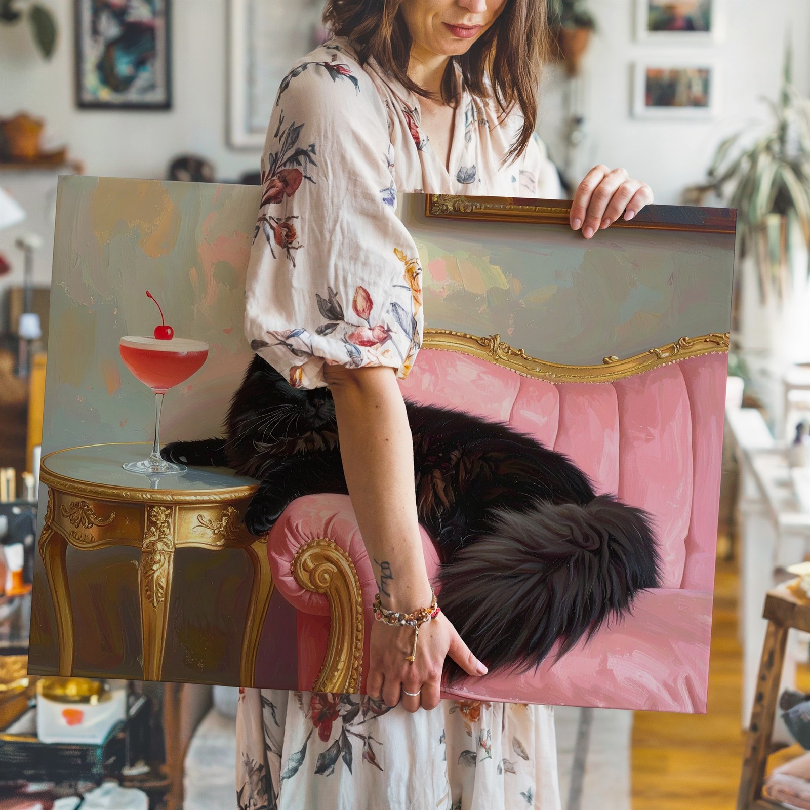 Velvet Throne Cat Canvasregal Black Feline On Pink Chaise With Cocktail Wall Art
