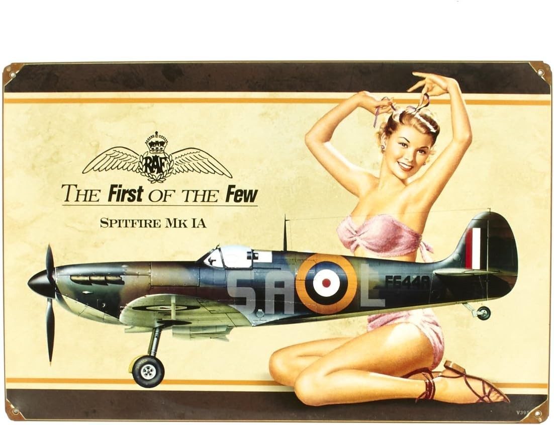 Tin Metal Sign British WW2 Vintage Spitfire Pinup Girl Wall Art Decor 8×12