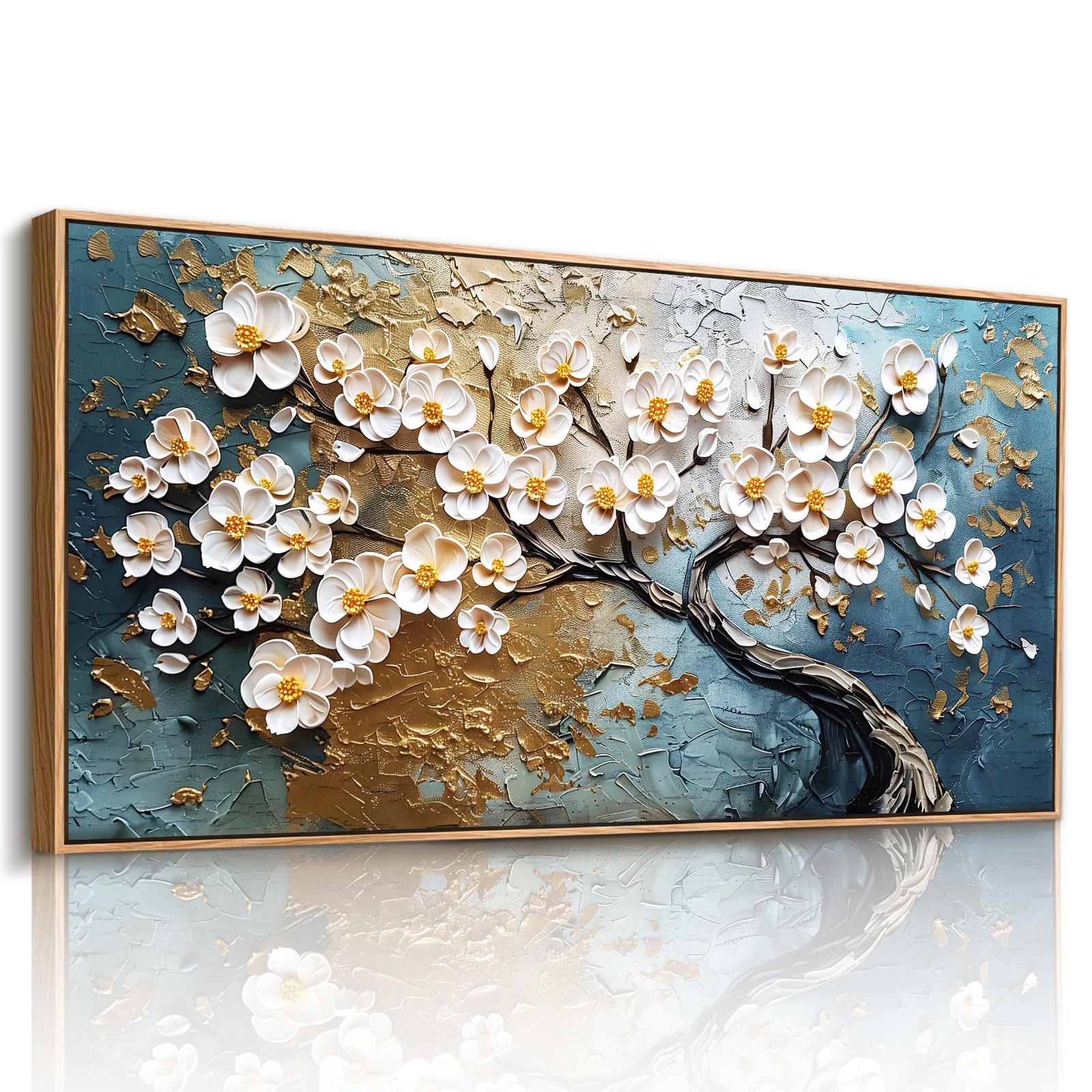 Large Tree of Life Wall Art – Blue & White Abstract Canvas Decor 20″x40