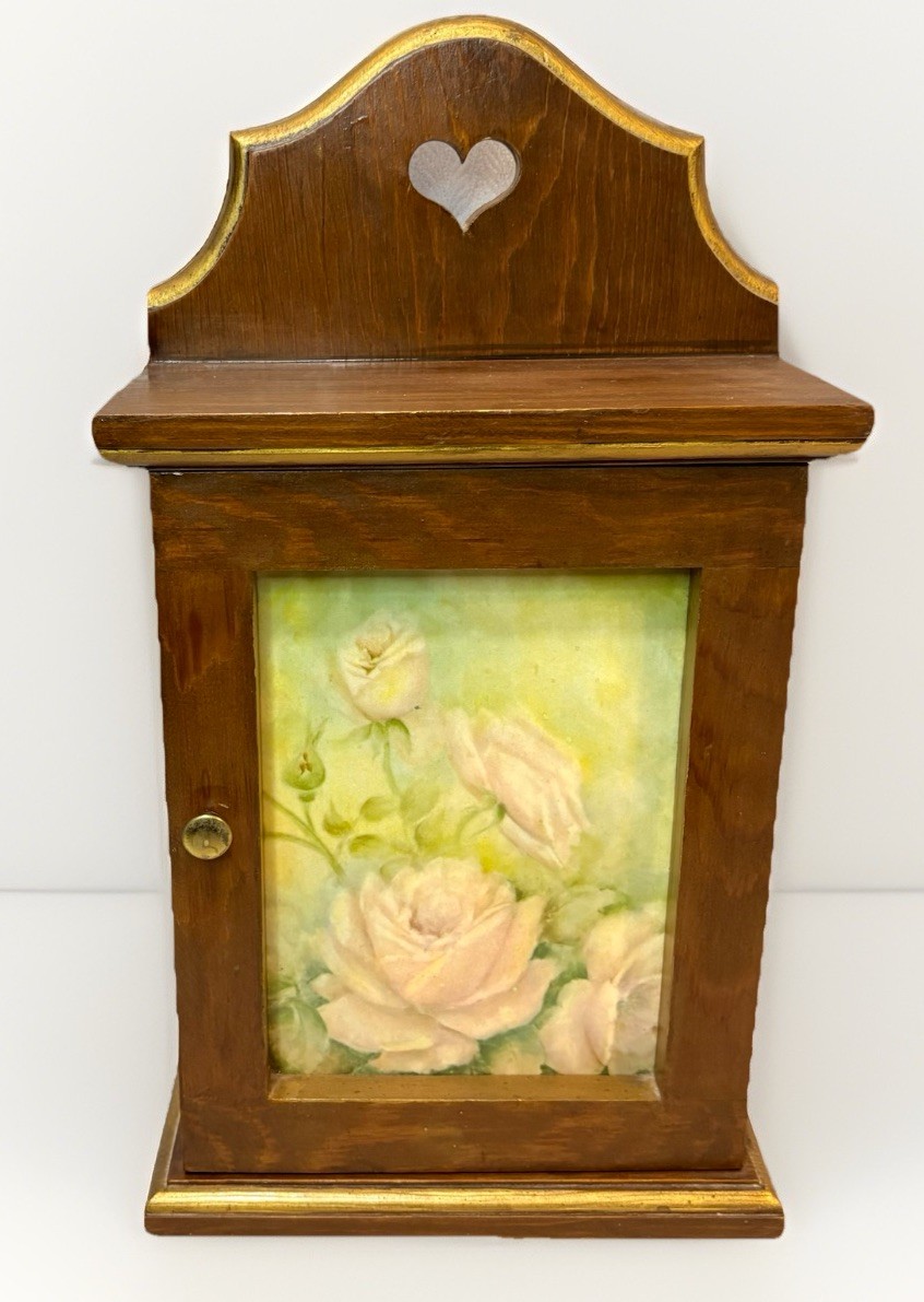 Vintage Wooden Wall Cabinet Key Holder Jewelry Box Floral Cottage Shabby Chic