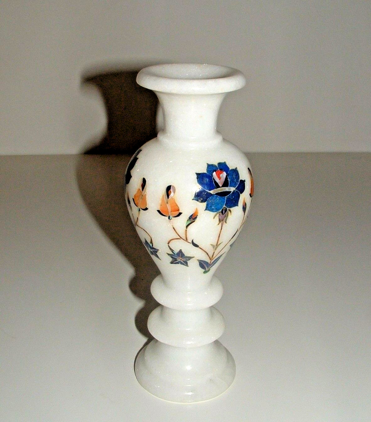 Floral Design Inlay White Marble Type Bud Vase, 8″ Tall, Age Unknown, pre-owned