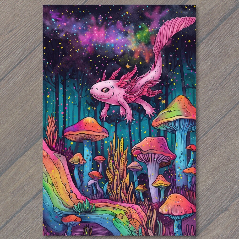 Art Print Axolotl Rainbows Mushrooms Colorful Fun Cute Pink Fantasy Trippy Neat