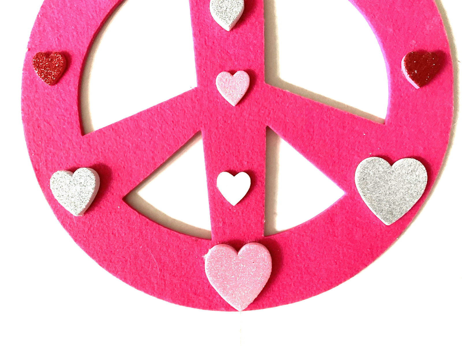 Felt Peace Sign Neon Pink Stiff Wall Art Hippie Crafted With Sparkly Hearts New