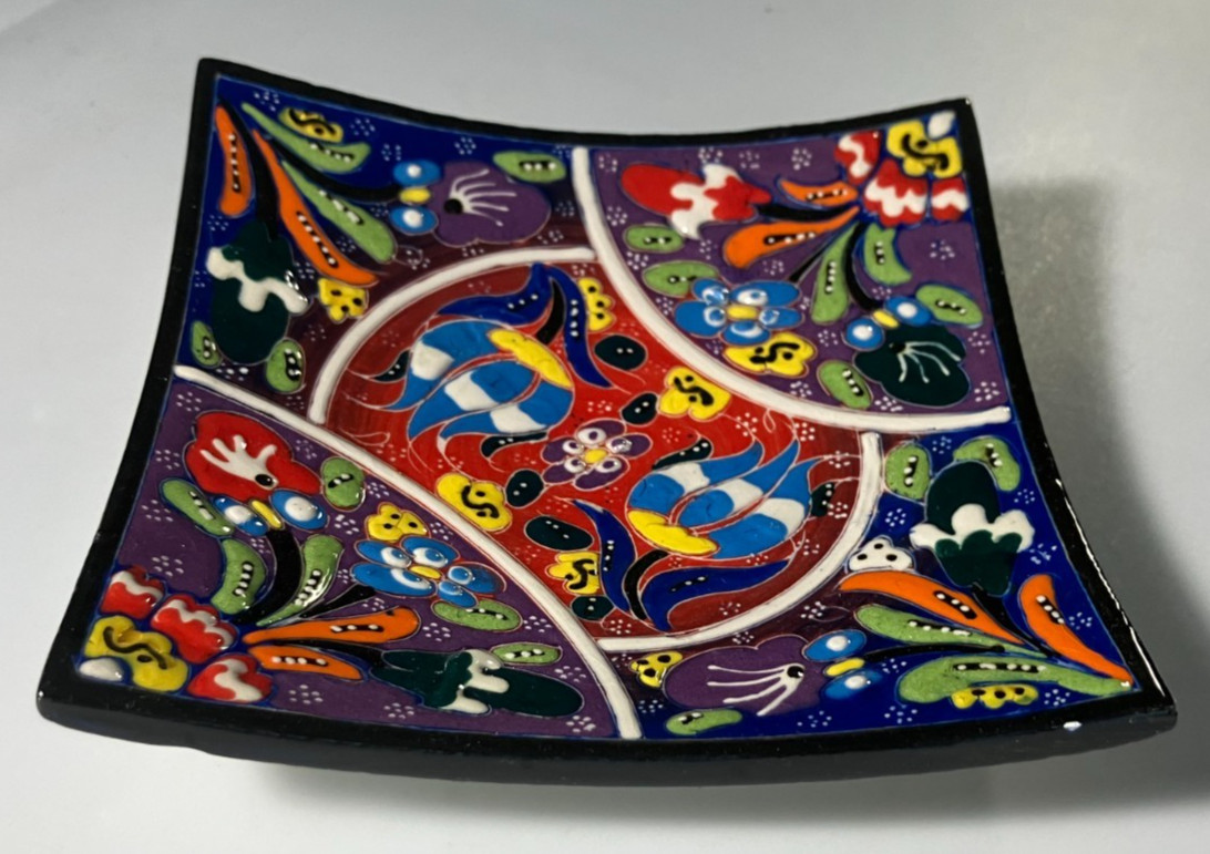 Turkish Hand Painted Polychrome Ceramic Plate Plants Raised Edges Square 5.5 in!