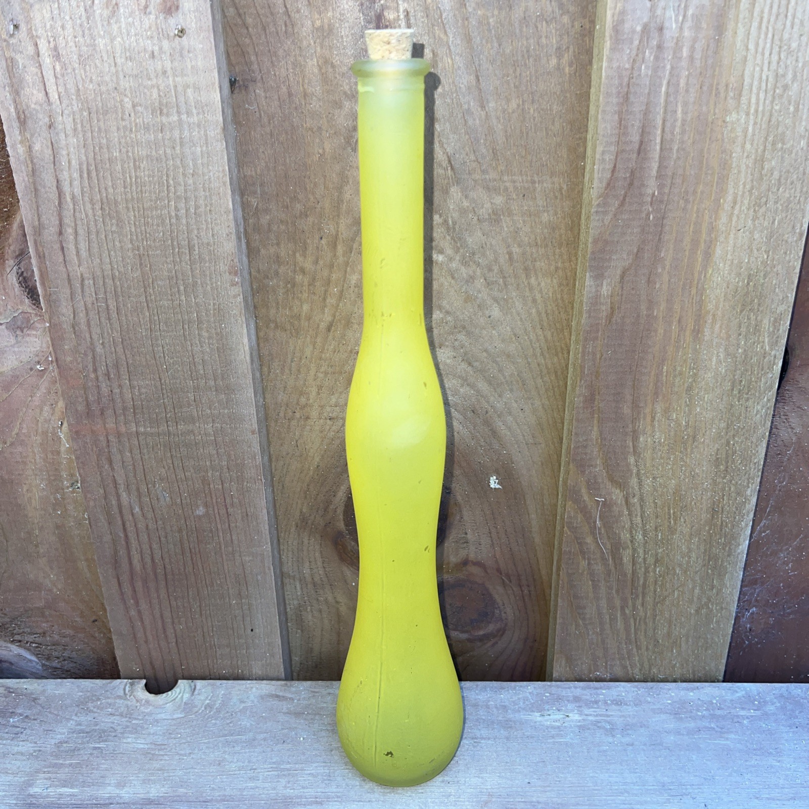 Frosted Yellow Glass Bottle With Cork Stopper- 12″ Tall Small scratches See PIC