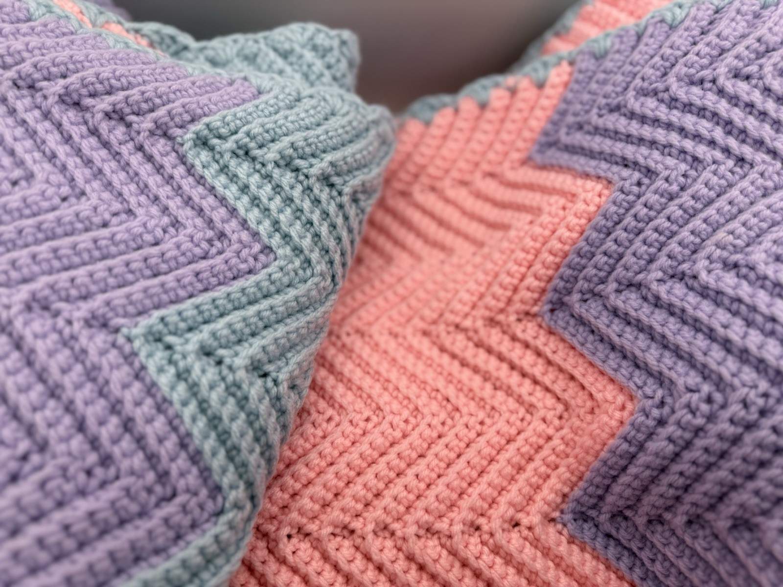 Hand-Crocheted Chevron Afghan – Blue, Pink & Purple Ripple Throw – 49” x 75