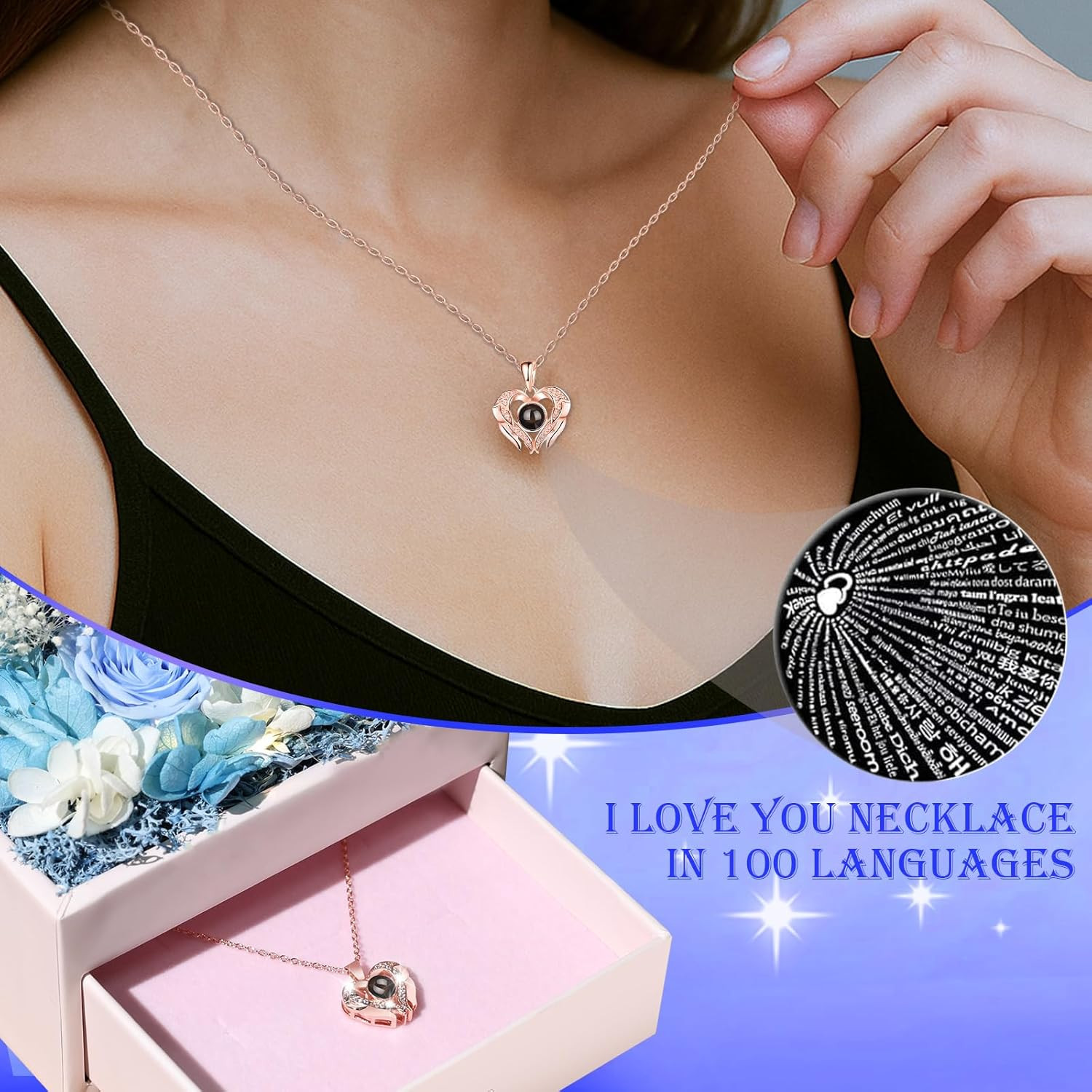 Valentines Day Gifts for Her Preserved Real Rose with Necklace Eternal Roses Box