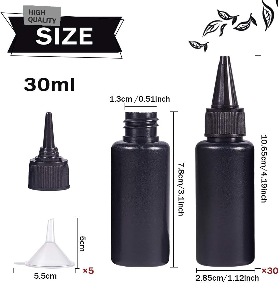 30 Packs 1oz Black Plastic Squeeze Dispensing Bottles UV Glue Bottles W/ Caps