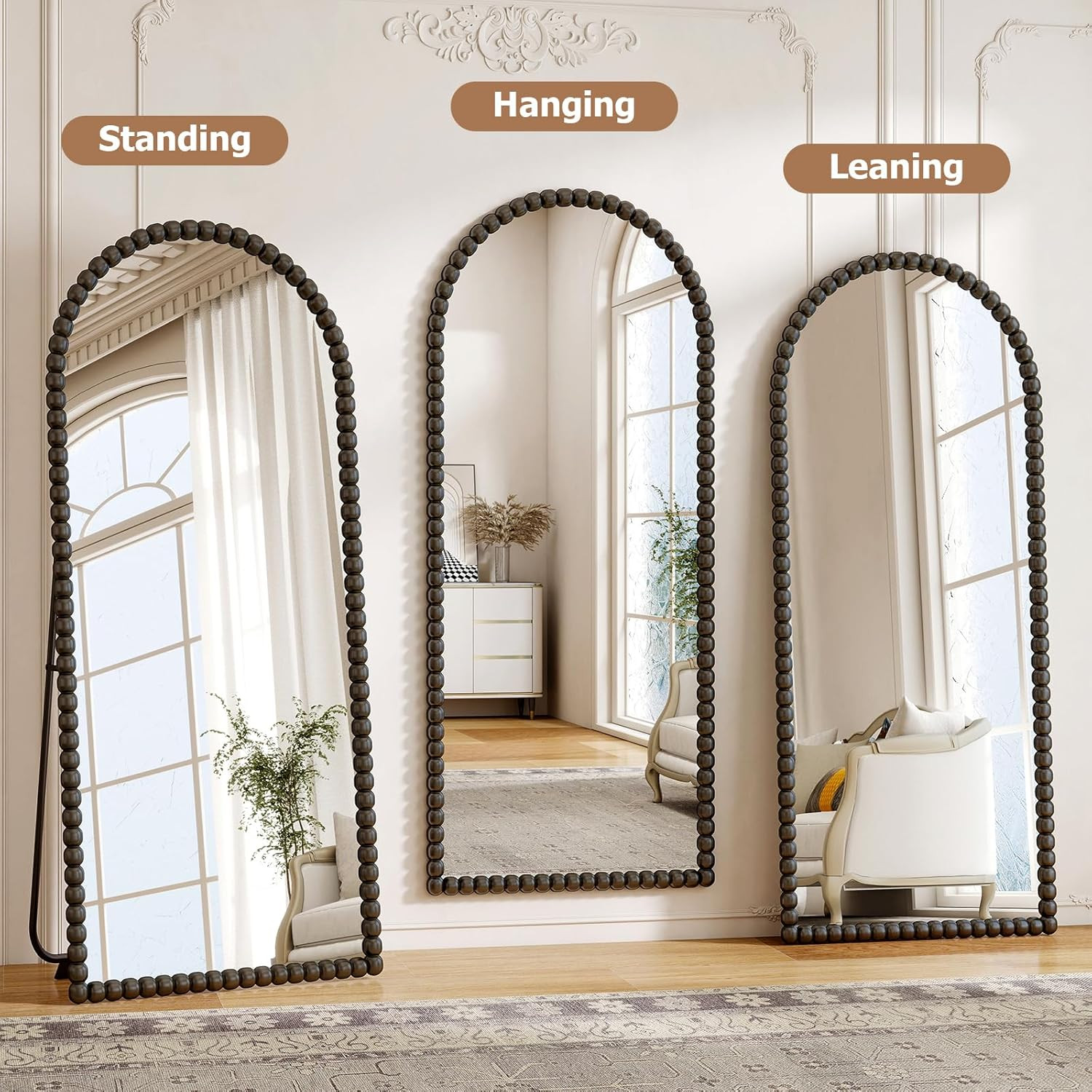 Antique Arched Full Length Mirror – Vintage Beaded Floor Mirror for Any Room