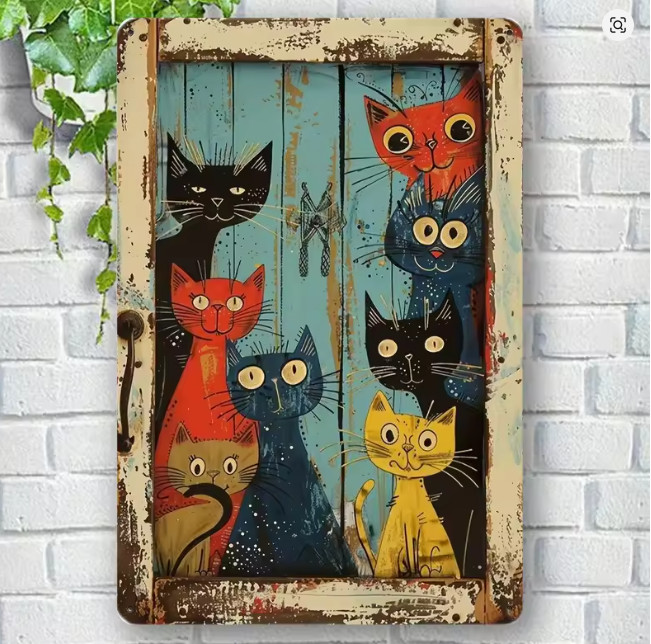 Unique Rustic Vintage Whimsical Mischievous Cats Metal Wall Sign Art 8×12 2D