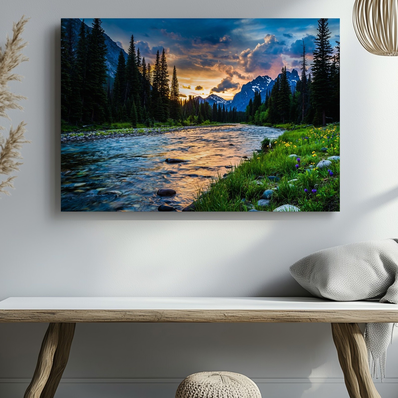 Breathtaking Landscape At Sunset, Featuring A Winding River Flowing Wall Art