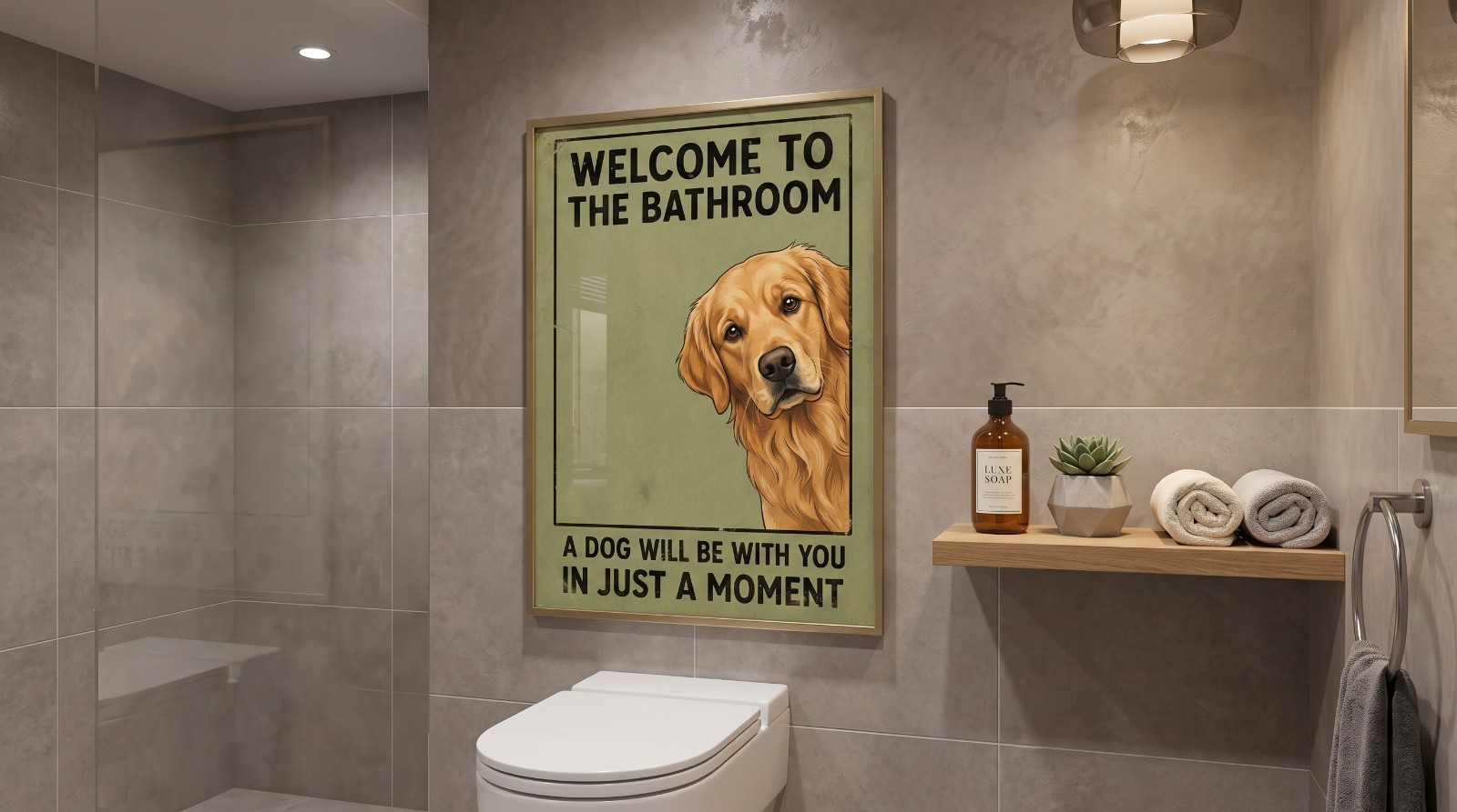 Funny Golden Retriever Bathroom Poster Cute Dog Wall Art Welcome Bathroom Sign