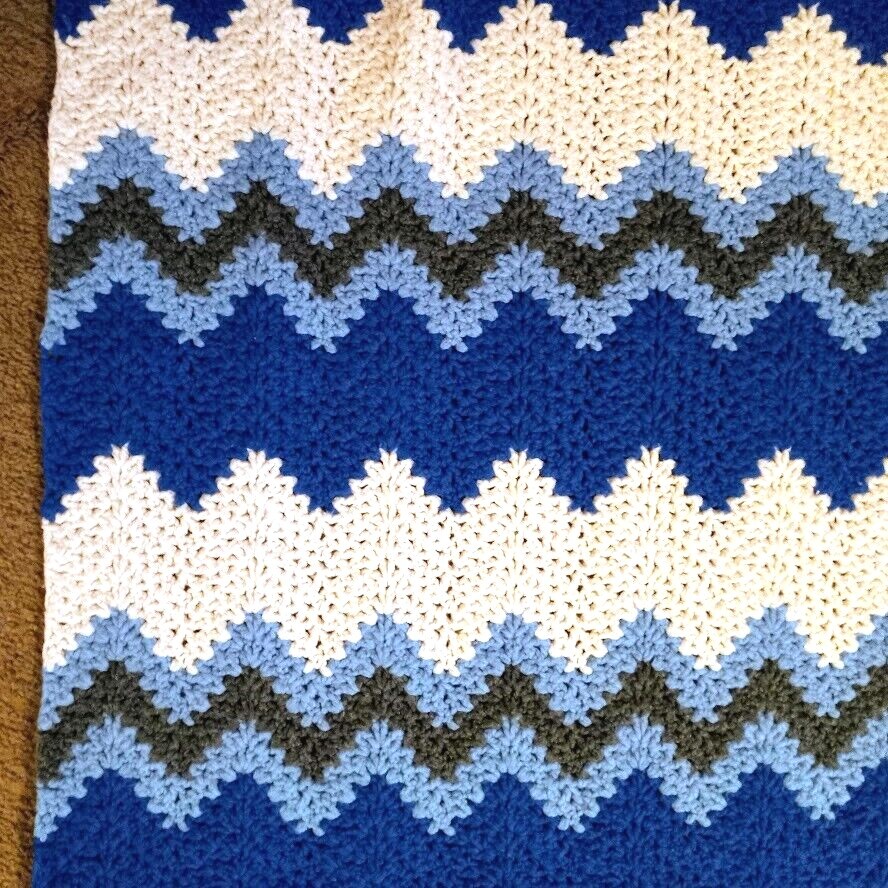 Afghan Throw Handmade ZigZag Blues Gray White Easy Care 42″ x 52″ Medium Weight