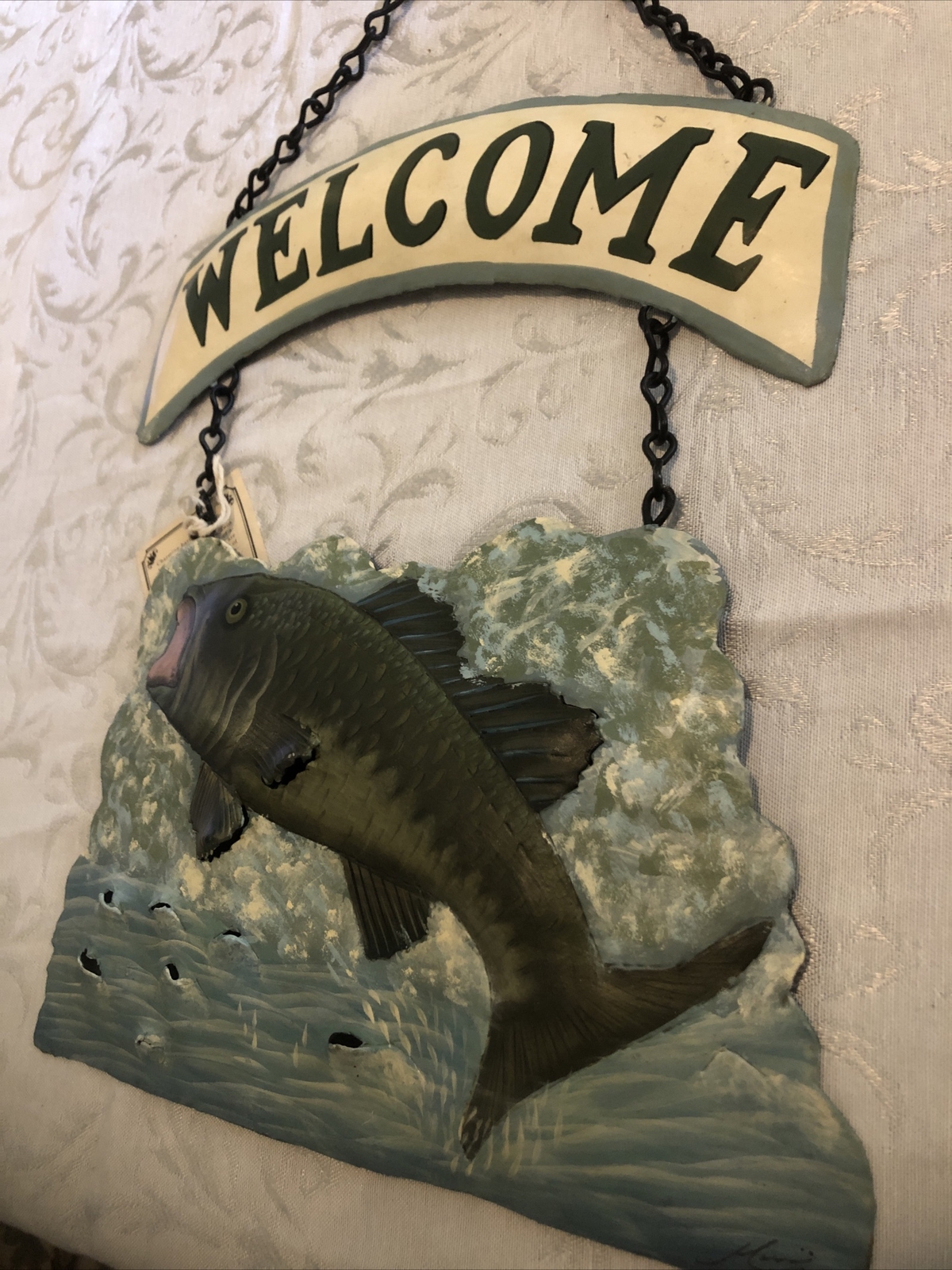 Welcome Sign Metal Cutout 3D Look Wall Hanging Decor Fishing Design