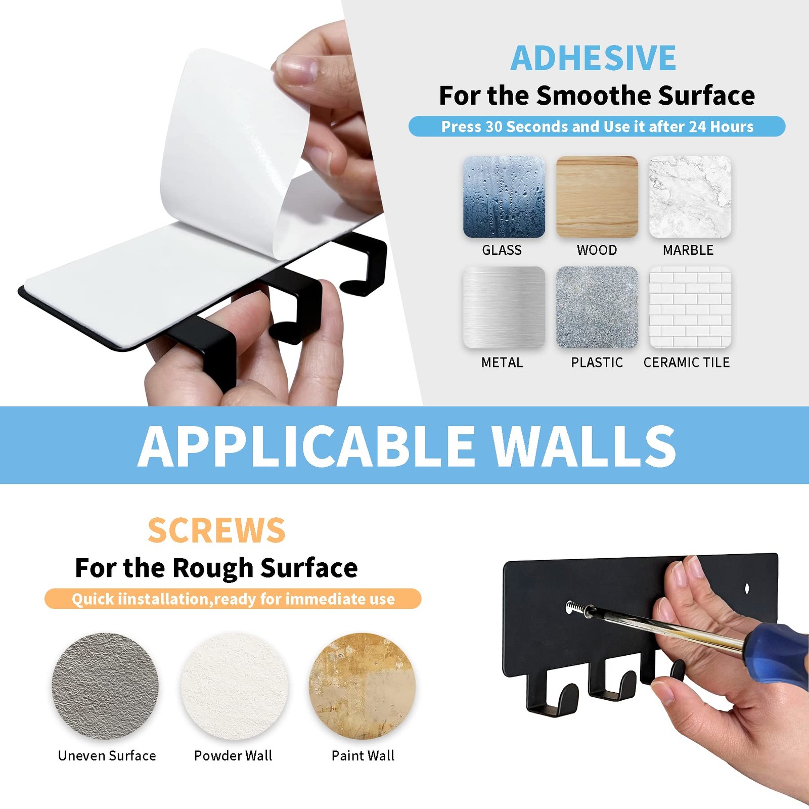 GTK Key Holder for Wall, Hooks with 6 Hooks, Wall Mounted 6 Black