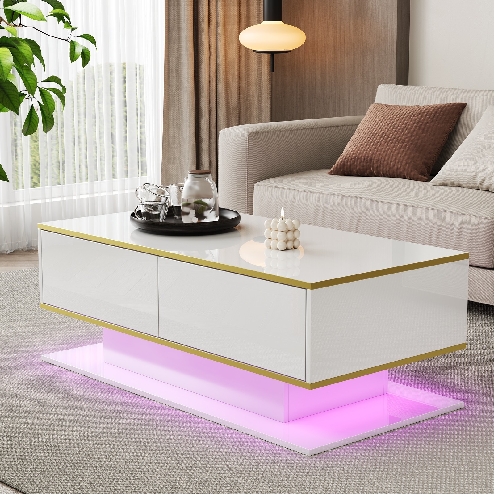 Modern LED Coffee Table With High-Gloss Finish, 100 Cm Length, Gold Accents, 3 D