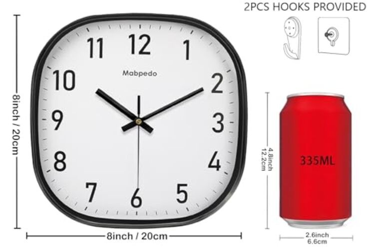 Small Wall Clock, 8 Inch Silent Non Ticking Battery Operated Clock, Square
