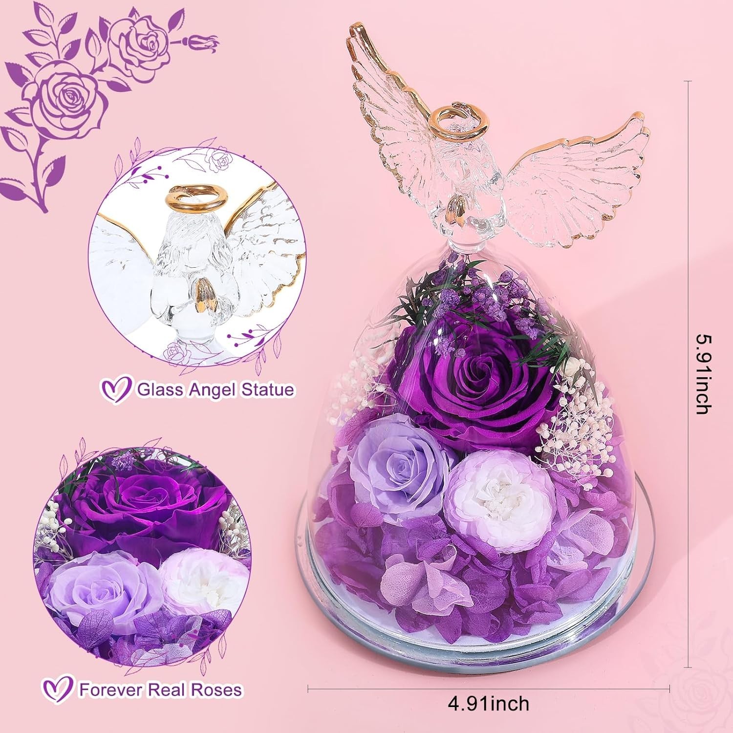 Gifts for Mom Women Birthday Preserved Rose in Glass Angel Figurine Forever F…