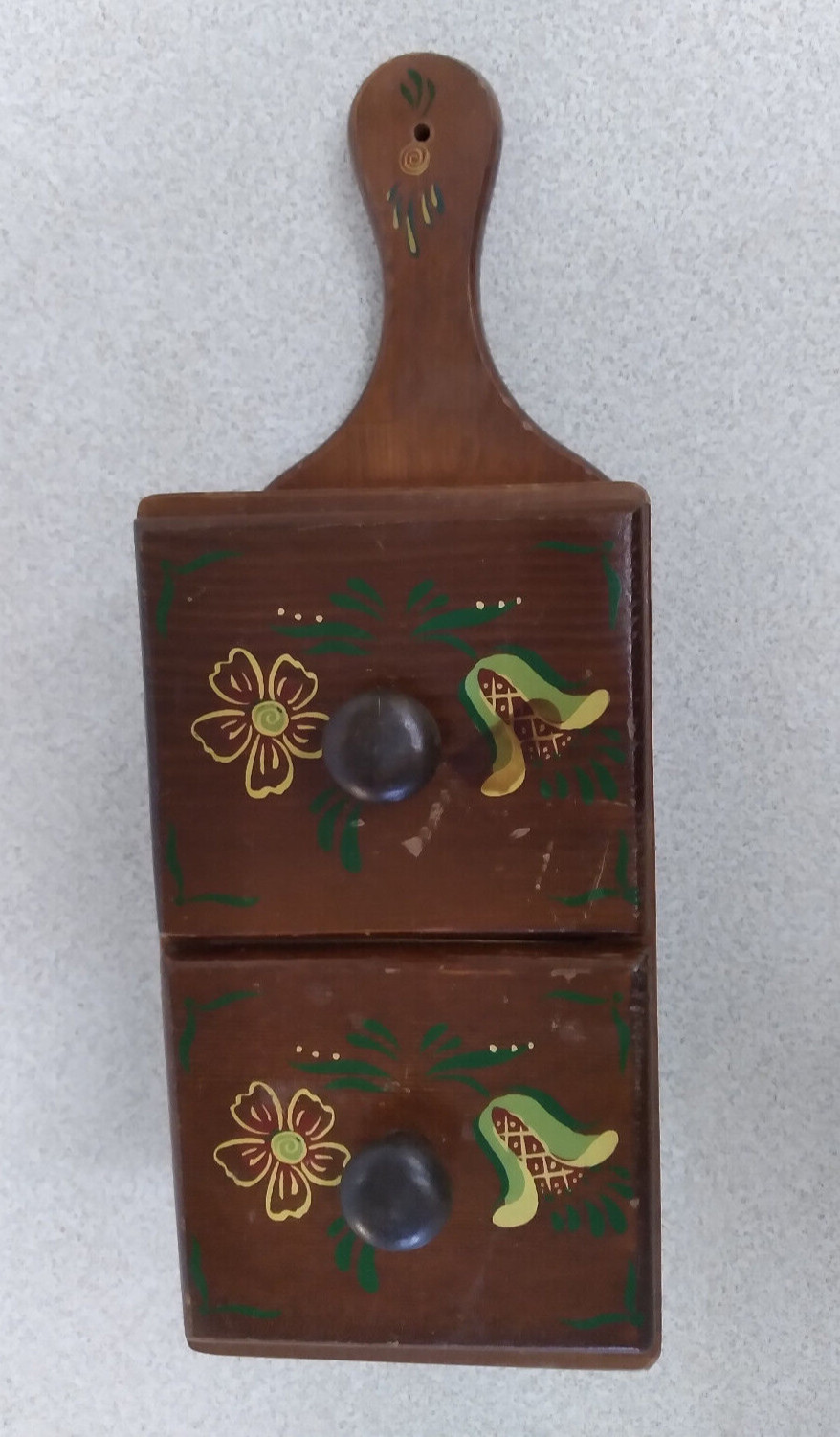 Folk Art Wooden Box with 2 Pull Out Drawers 13″ Tall 4-1/4 Wide 5″ Deep
