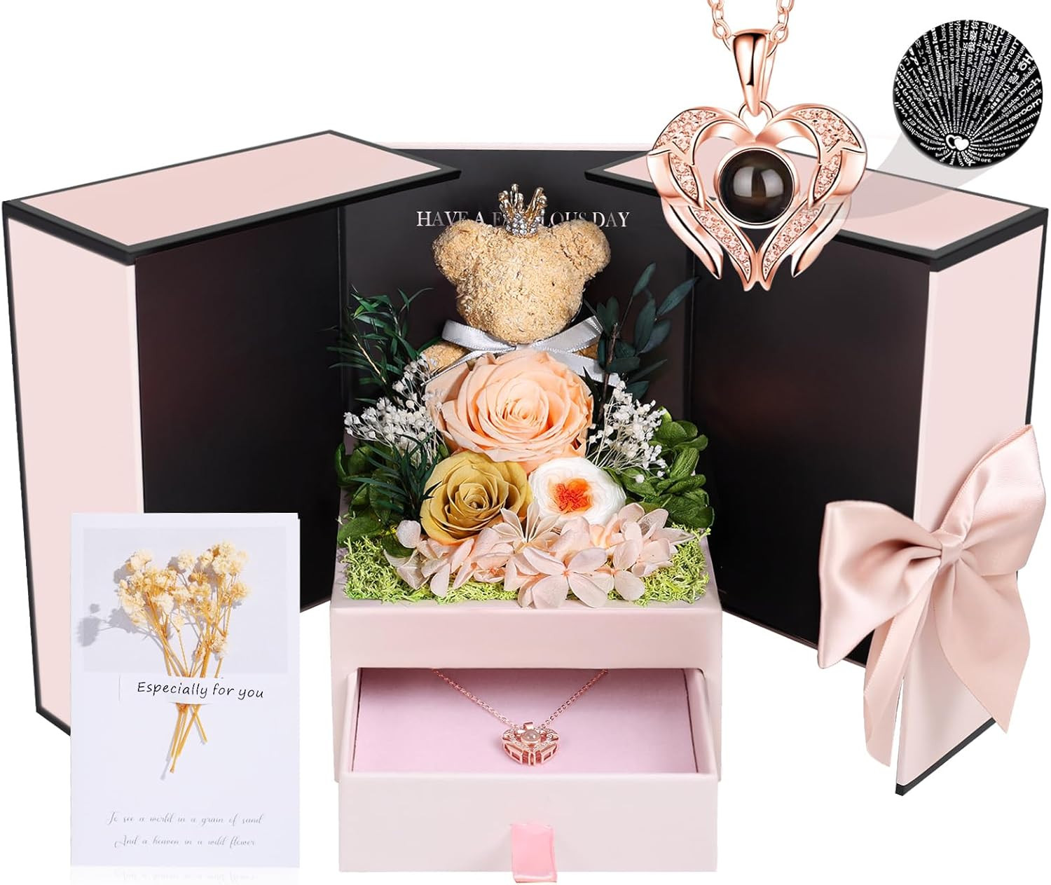 Valentines Day Gifts for Her Preserved Real Rose with Necklace Eternal Roses Box