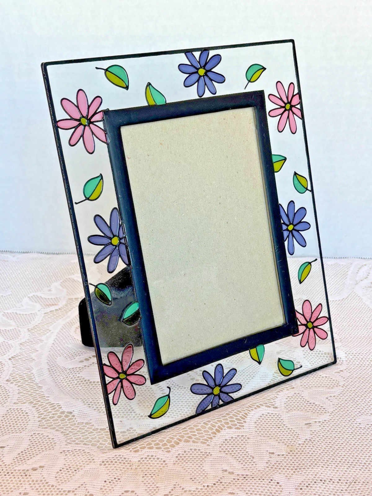 Elsa Stained Glass Photo Frame Pink Purple Floral 4×6 Vintage Style EUC