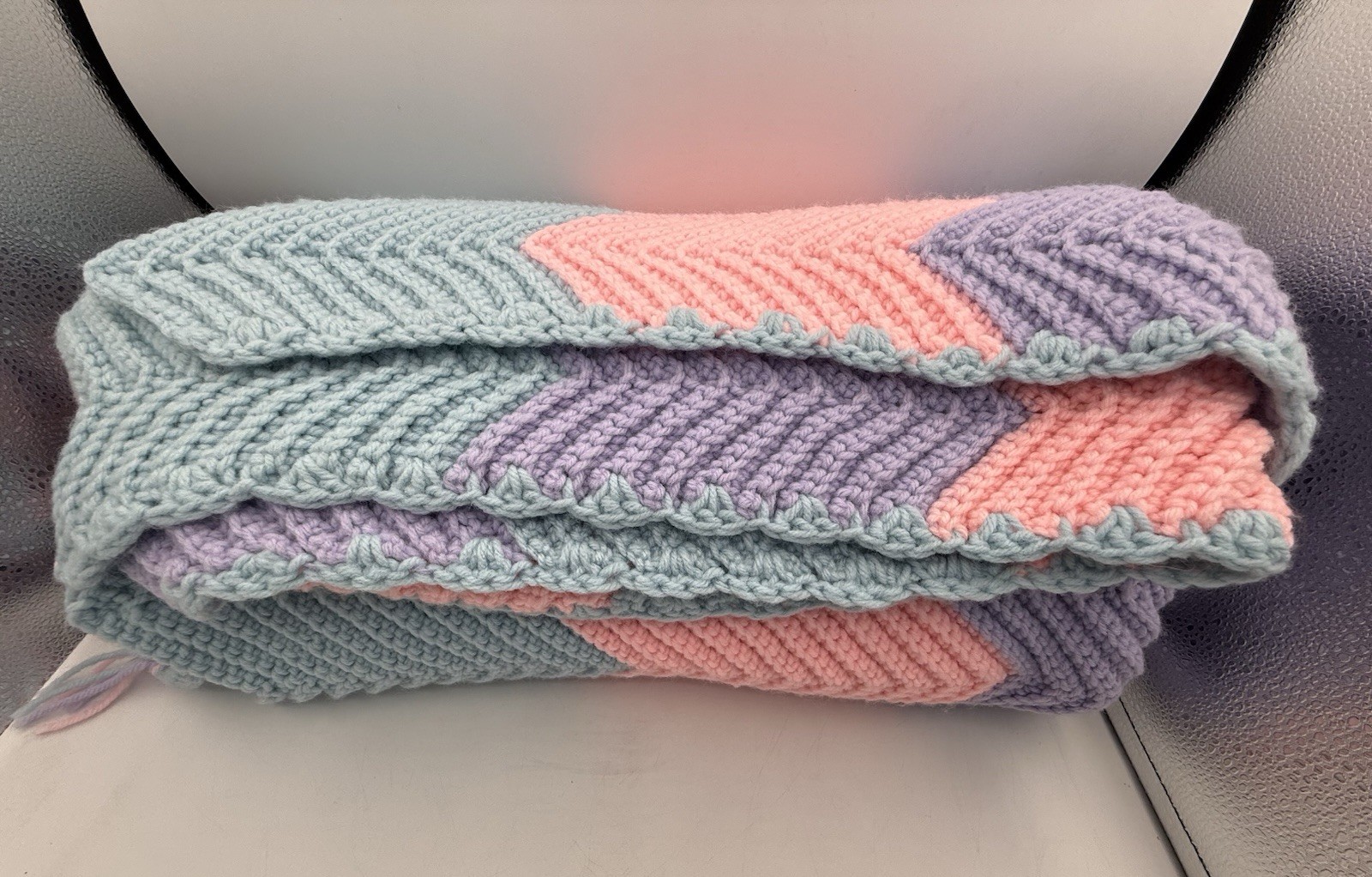 Hand-Crocheted Chevron Afghan – Blue, Pink & Purple Ripple Throw – 49” x 75