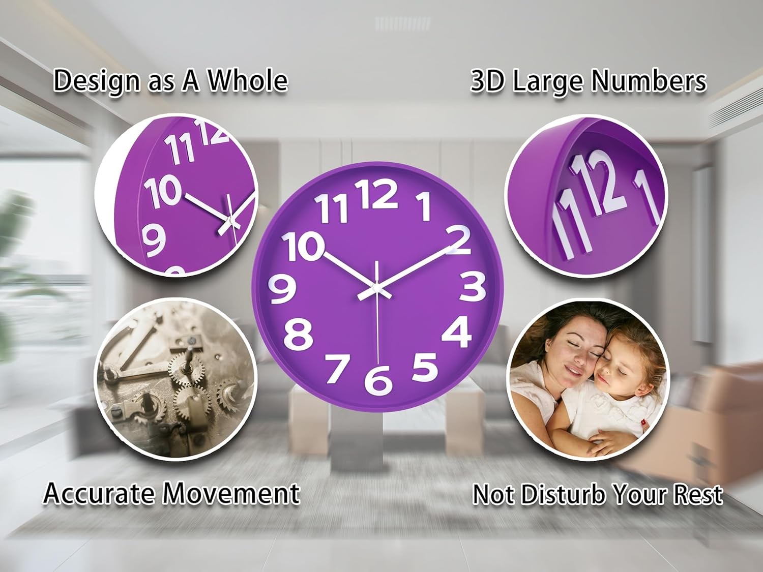 12-Inch Modern Purple Wall Clock, Silent Non-Ticking, Large Numbers, Accurate…