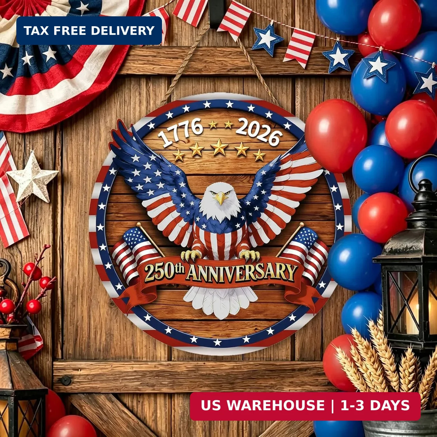 USA 250th Anniversary Decoration, Wooden 4th of July Eagle Door Sign 1776-2026