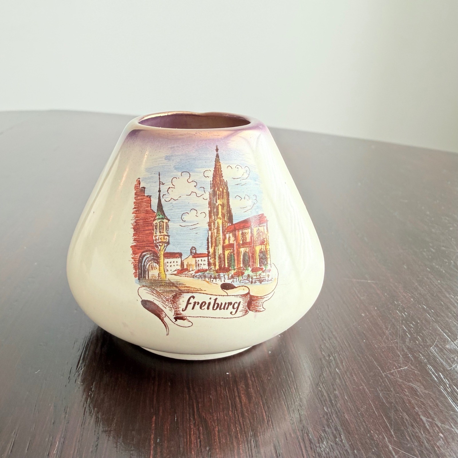 Vintage Freiburg Germany Souvenir Ceramic Bud Vase Iridescent Luster Rim 2.5in