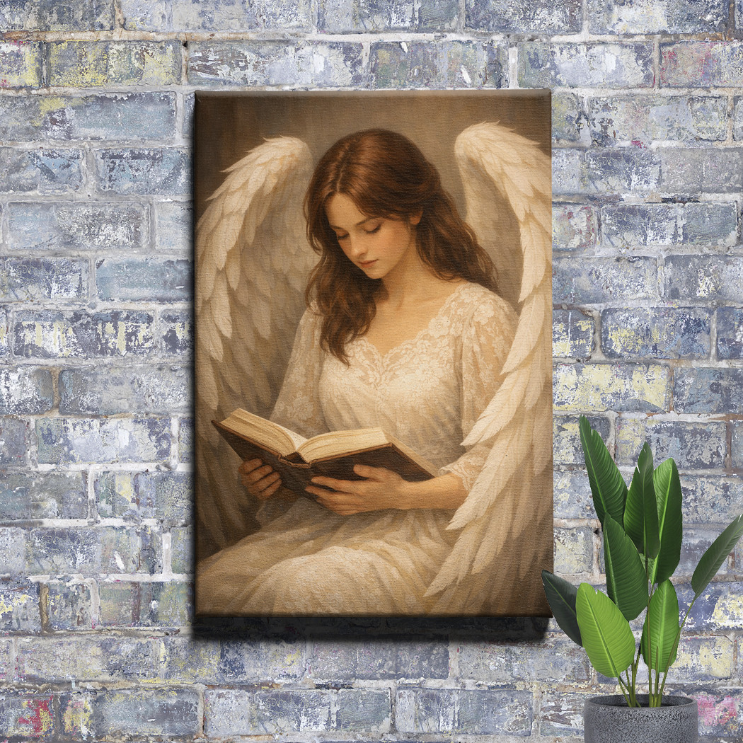 Angel Reading Book Wall Art Print White Feather Wings Lace Dress