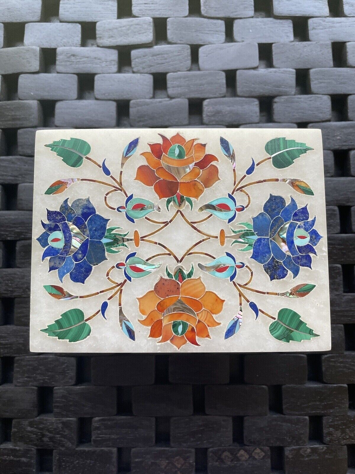 White Marble Trinket Box Semi Precious Stones Inlay Floral Design 5×4 inches