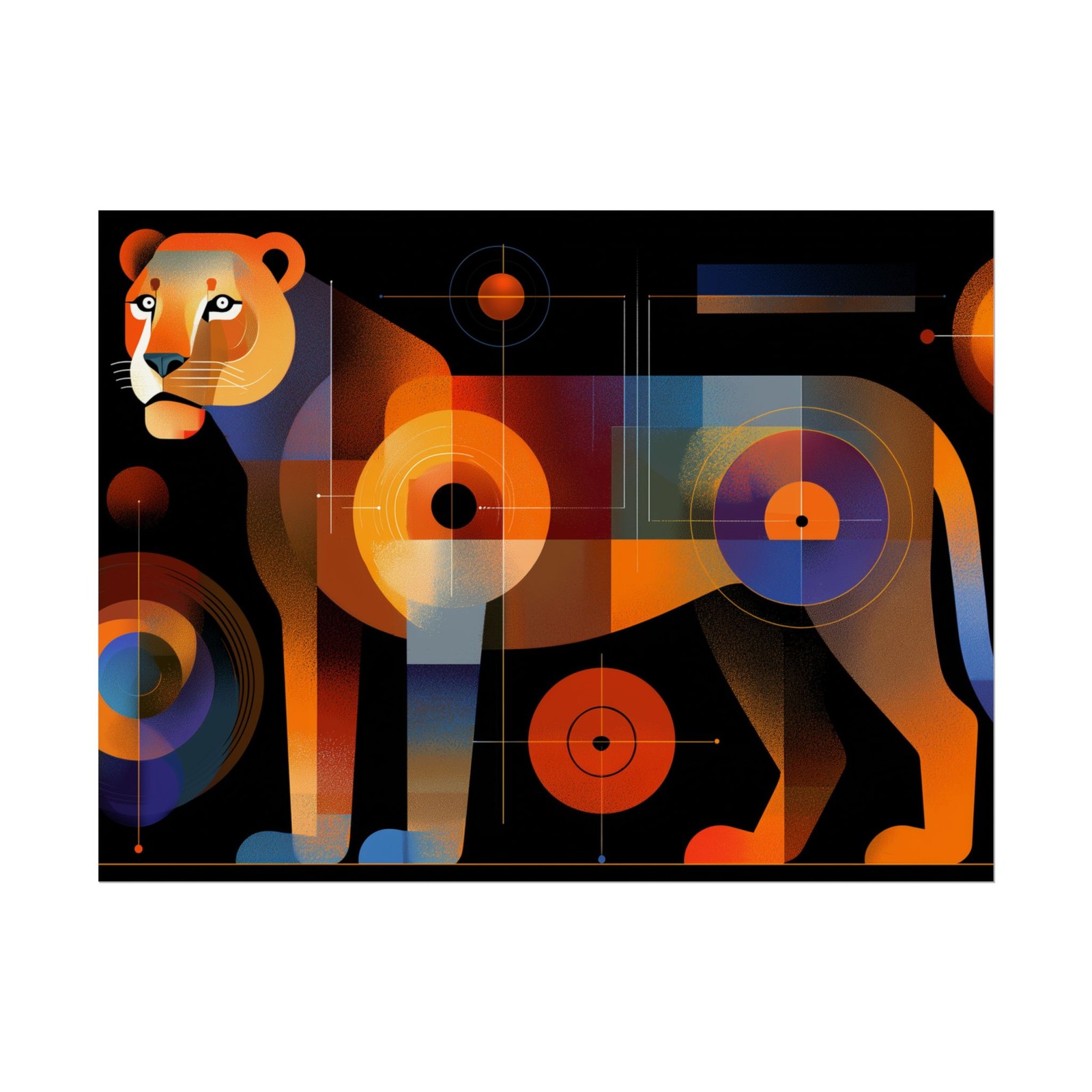 Modern Geometric Lion Poster Bold Abstract Art in Vibrant Orange Blue Tone 24×18
