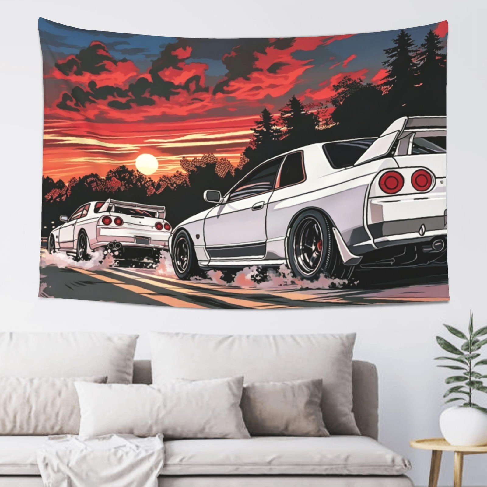 Retrowave Racing Car Tapestry 60x40in JDM Style Wall Decor