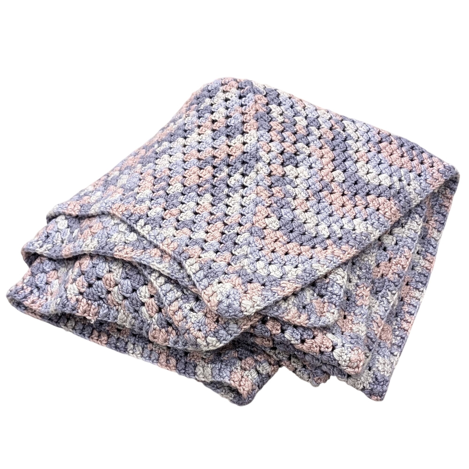 Handmade Crochet Blanket Gray Pink Purple Square 54″ Cotton Blend Throw Granny