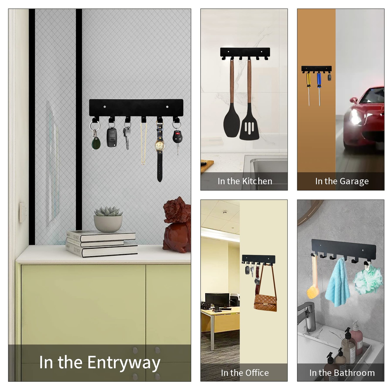 GTK Key Holder for Wall, Hooks with 6 Hooks, Wall Mounted 6 Black