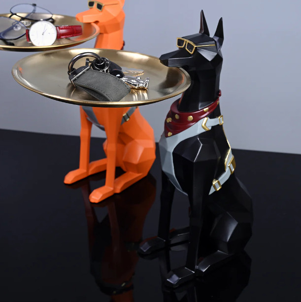Decorative Doberman Butler Statue with Tray, Black Resin Dog Figurine, 11.6 x 5.