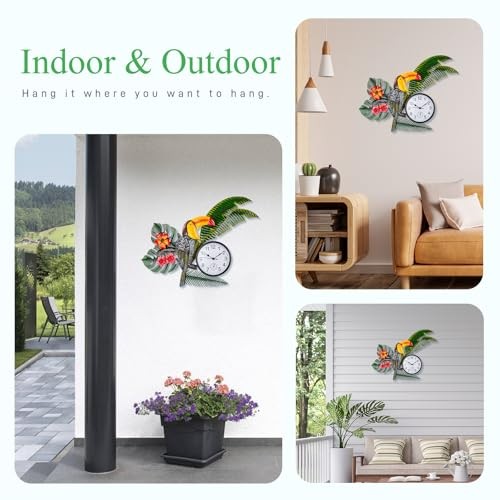 Toucan Outdoor Clock and Thermometer Combo Silent Non-Ticking Metal Wall Decor