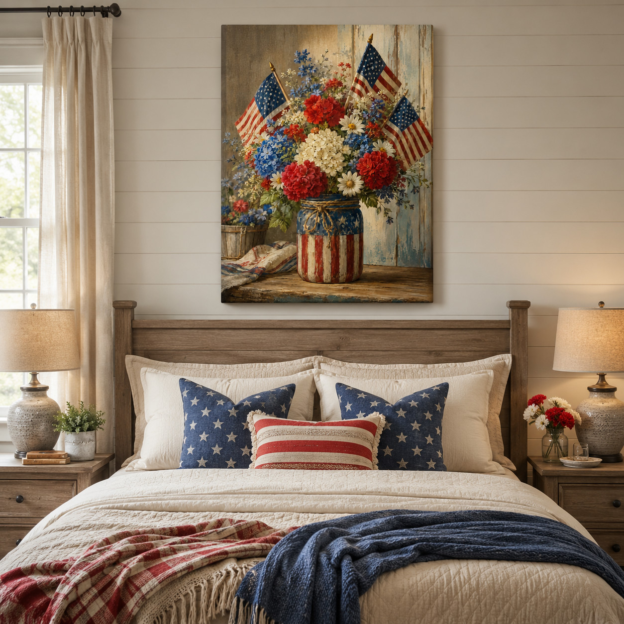 Patriotic Mason Jar Floral Canvas Wall Art, American Flag Flower Picture Print