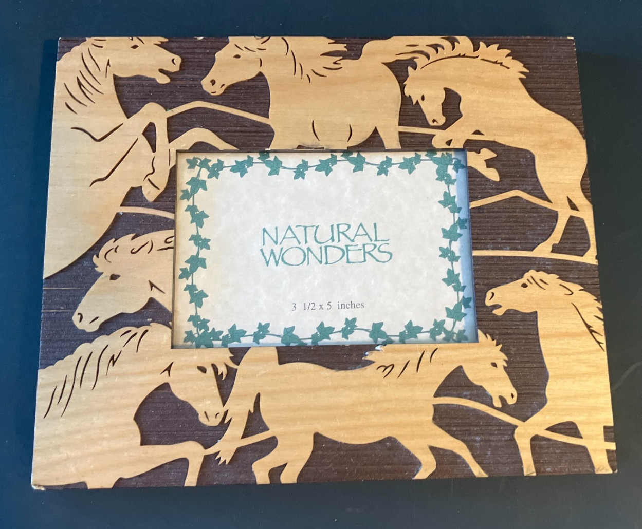 Natural Wonders 3 1/2 x 5 inch wooden frame with carved horses