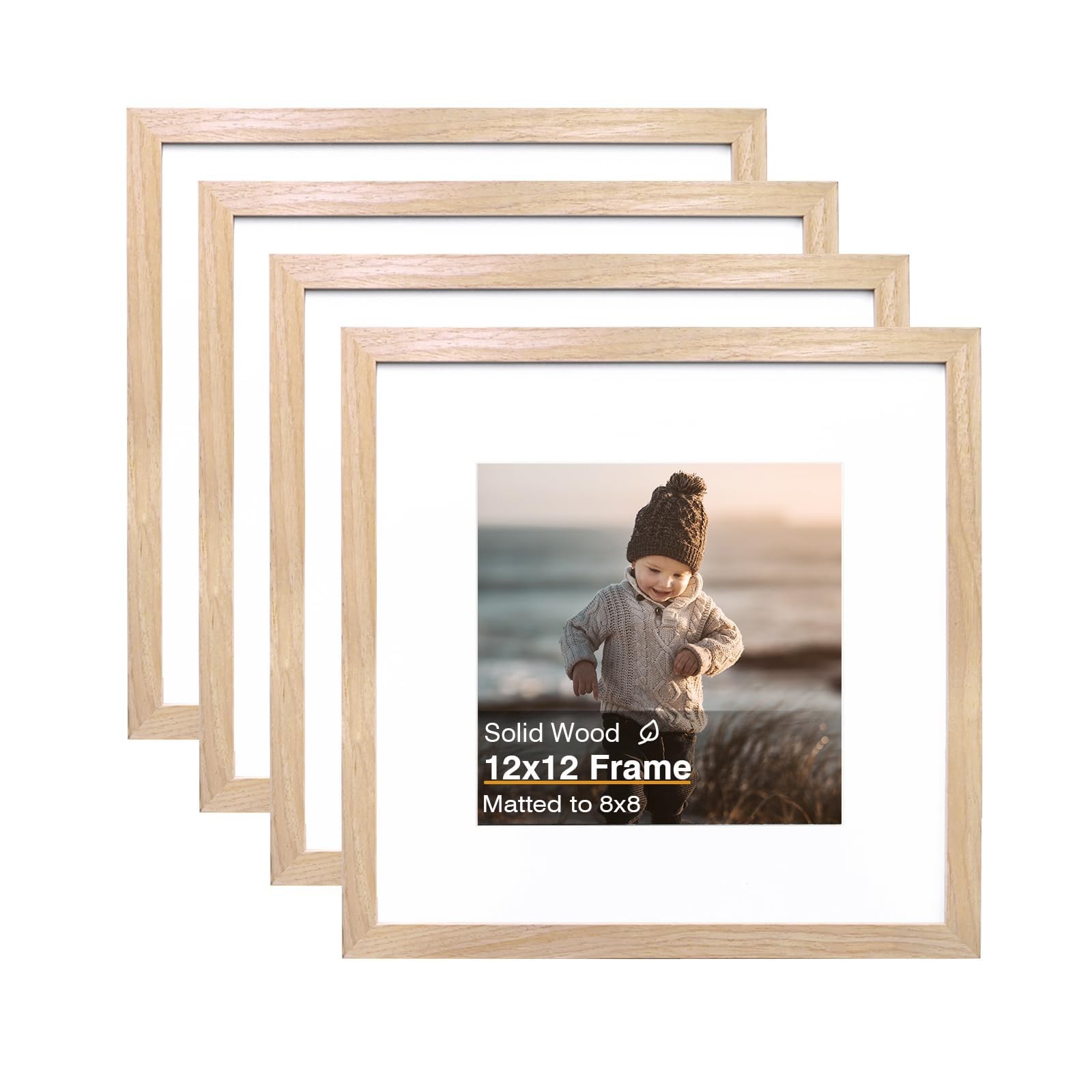 12×12 Picture Frames, 4 Pack Natural Solid Wood Square Frames for Art, 8×8 Ma…