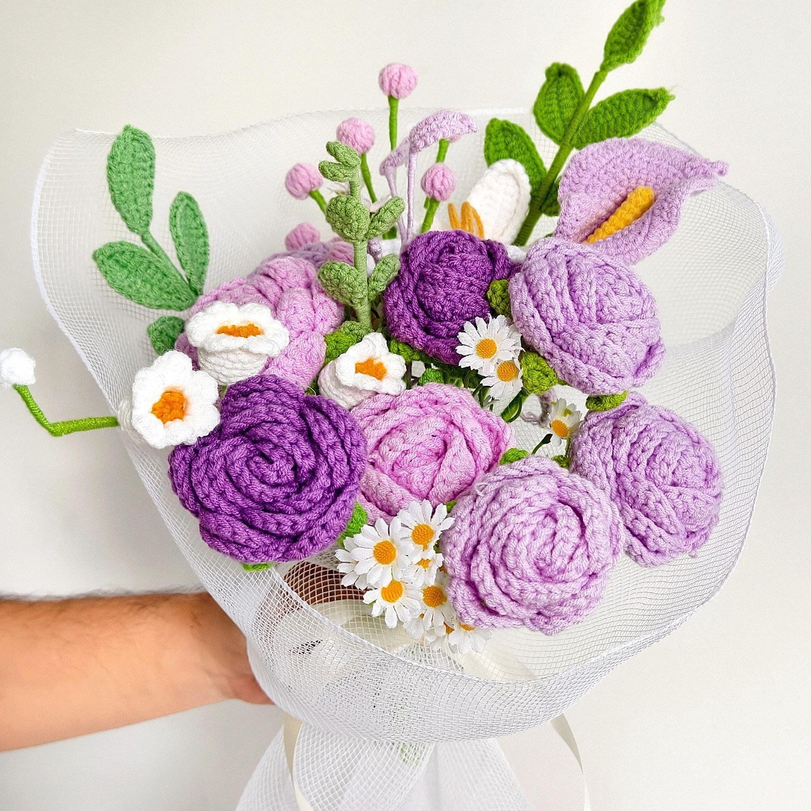 Crochet Flower Bouquet Handmade Rose Tulip Yarn Birthday Anniversary Gift