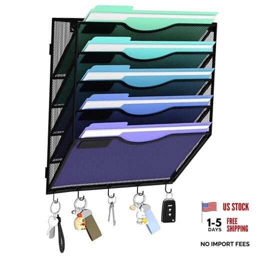 Hanging Wall File Organizer with 5 Hooks – Wall Mounted Mail Paper 5 Tier