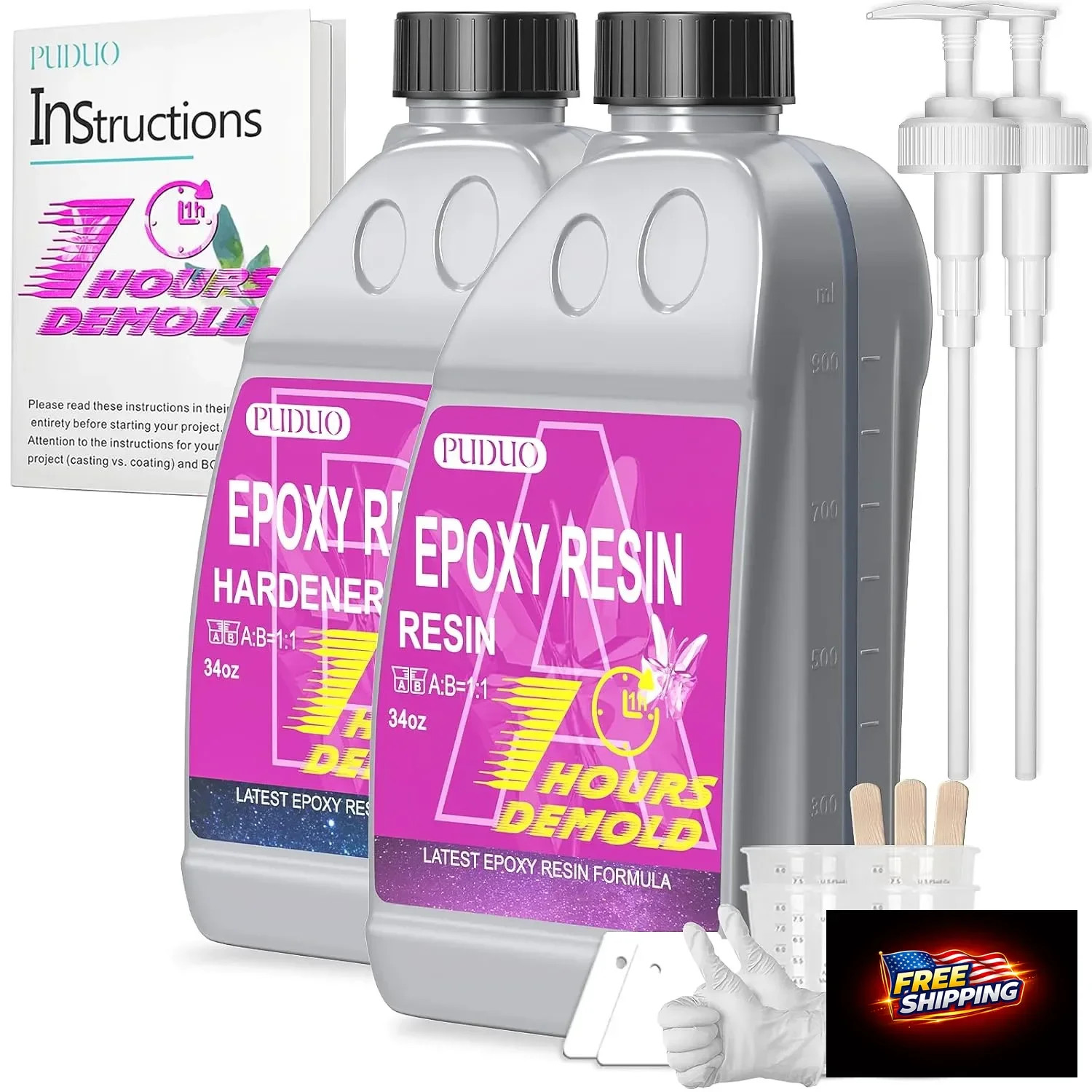 Puduo Fast Cure Epoxy Resin 68OZ, 1 Hour Quick Demold Epoxy Resin Kit, Crystal C