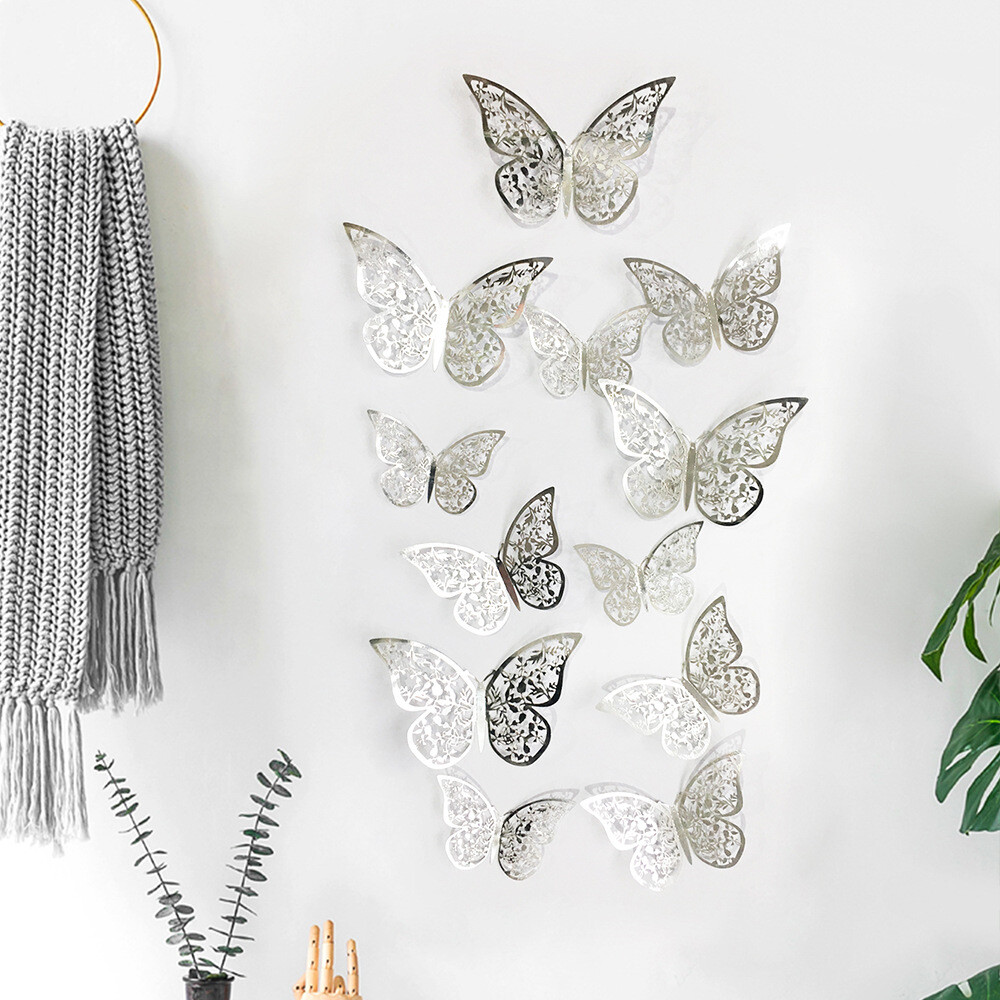 12 pcs 3d cute silver butterfly wall decor, party, wedding, diy