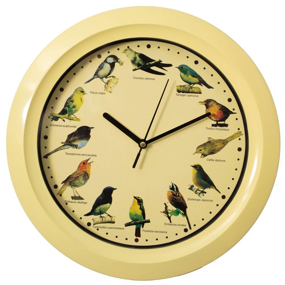 12in Singing Bird Wall Clock Nature Sounds Chime Non Ticking Yellow
