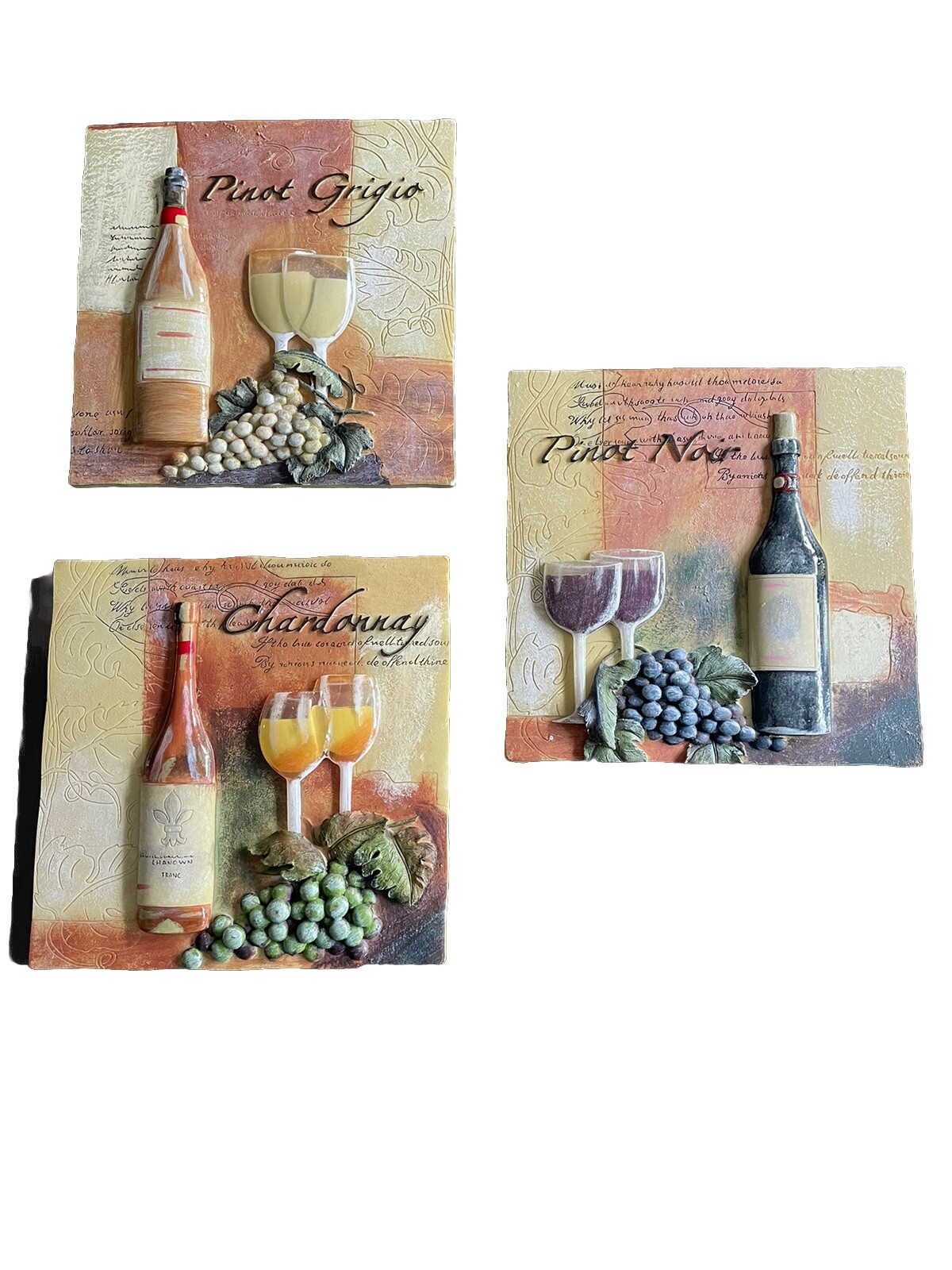 Set Of 3 3D Resin And Plastic Wine Art Decor Wall Plaques Red And White Wine