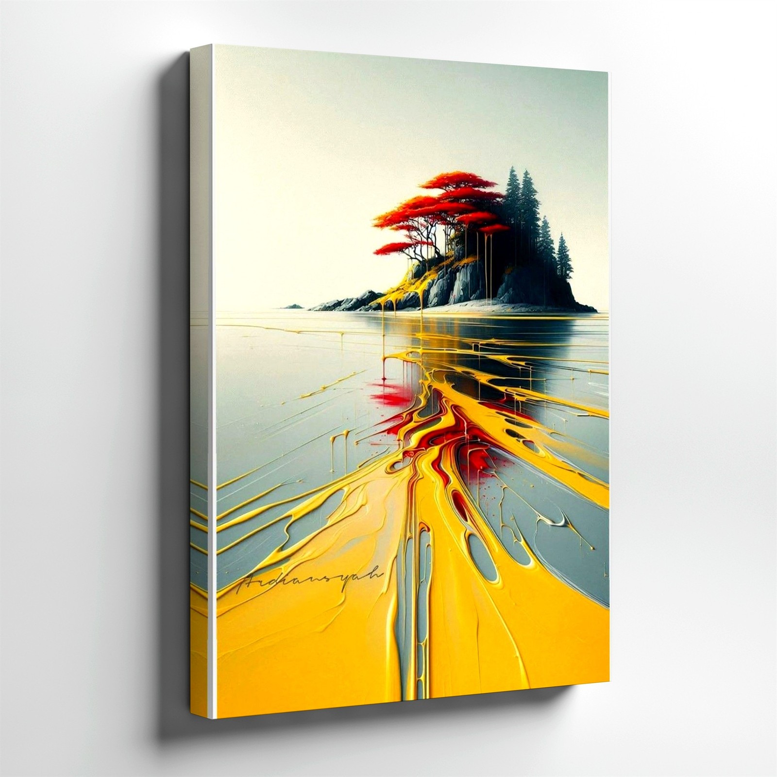 Wall Art Abstract Island Landscape Red Trees Golden Flow Modern Canvas Print