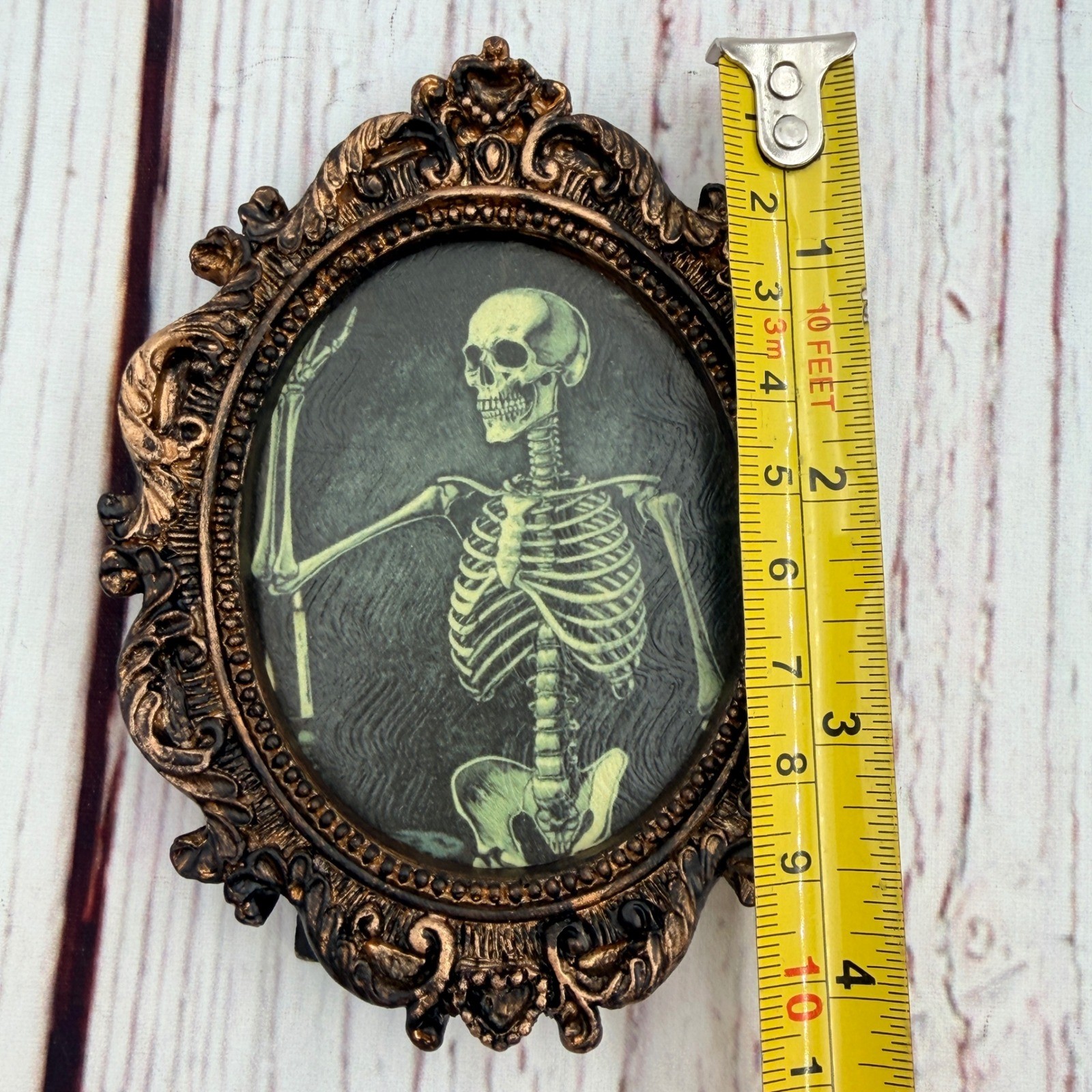 Vintage Style Ornate Bronze Frame Skeleton Original Art Gothic Decor 4 inch