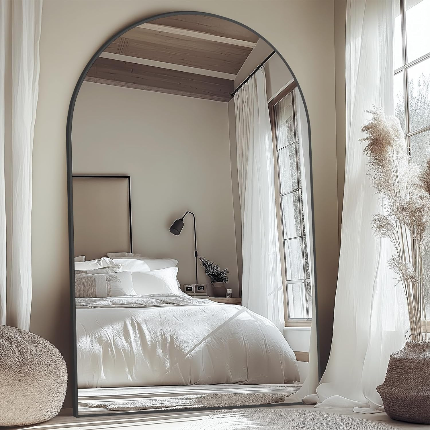 72″ Extra Large Arch Floor Mirror – Black Glass & Aluminum Frame